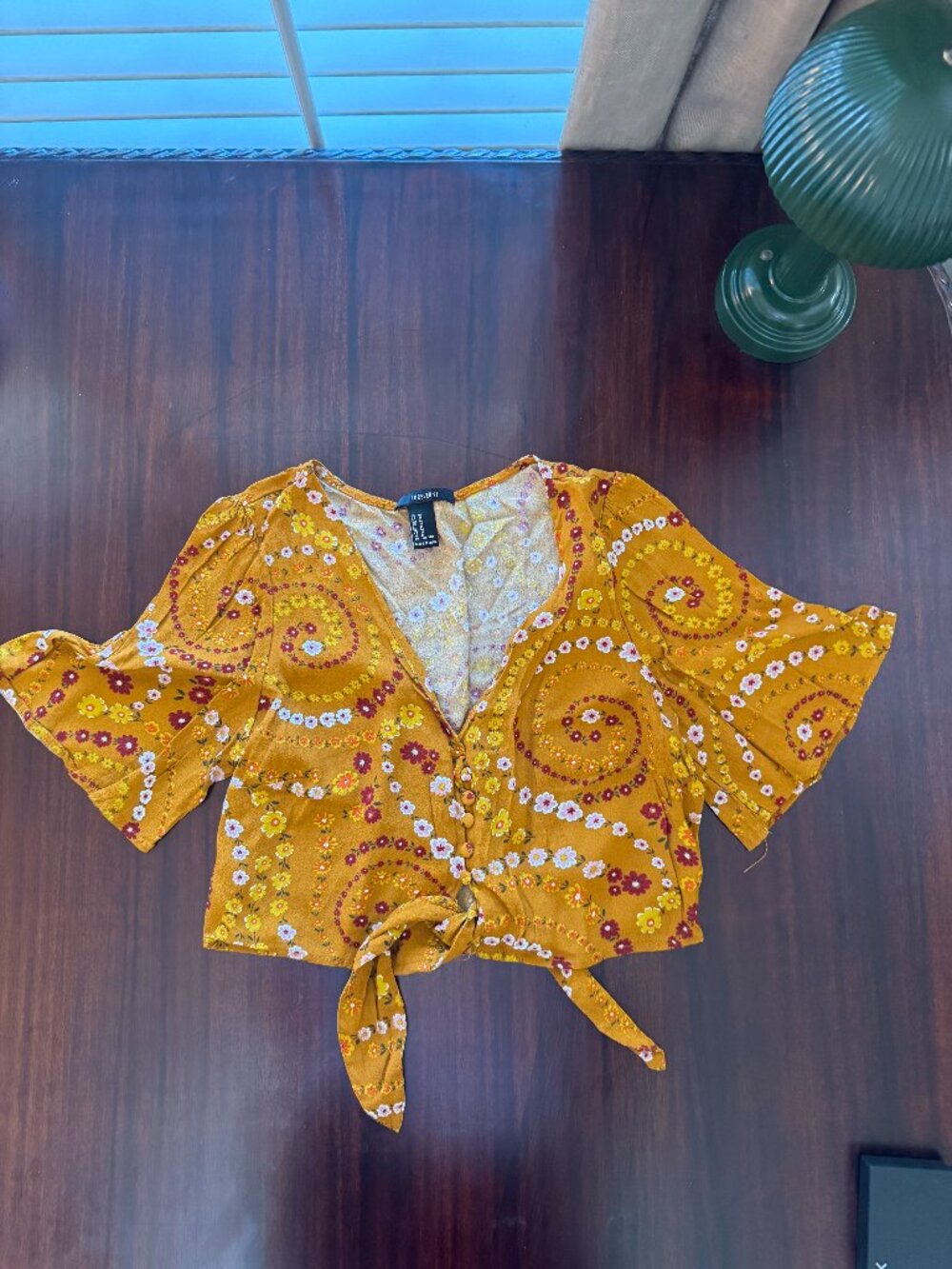 Forever 21 Mustard Floral Tie Front Crop Top Boho Bell Sleeve Size M